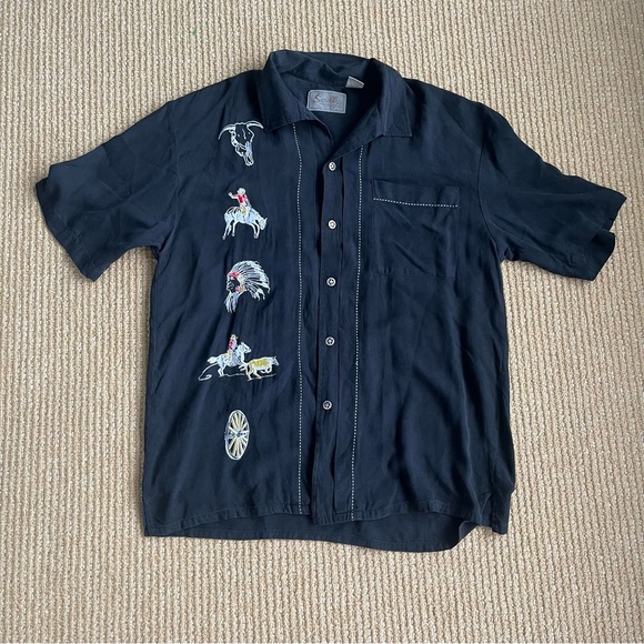 Scully Mens Western Charm Embroidered Black Button Down Silk Shirt Size Medium - Picture 3 of 11